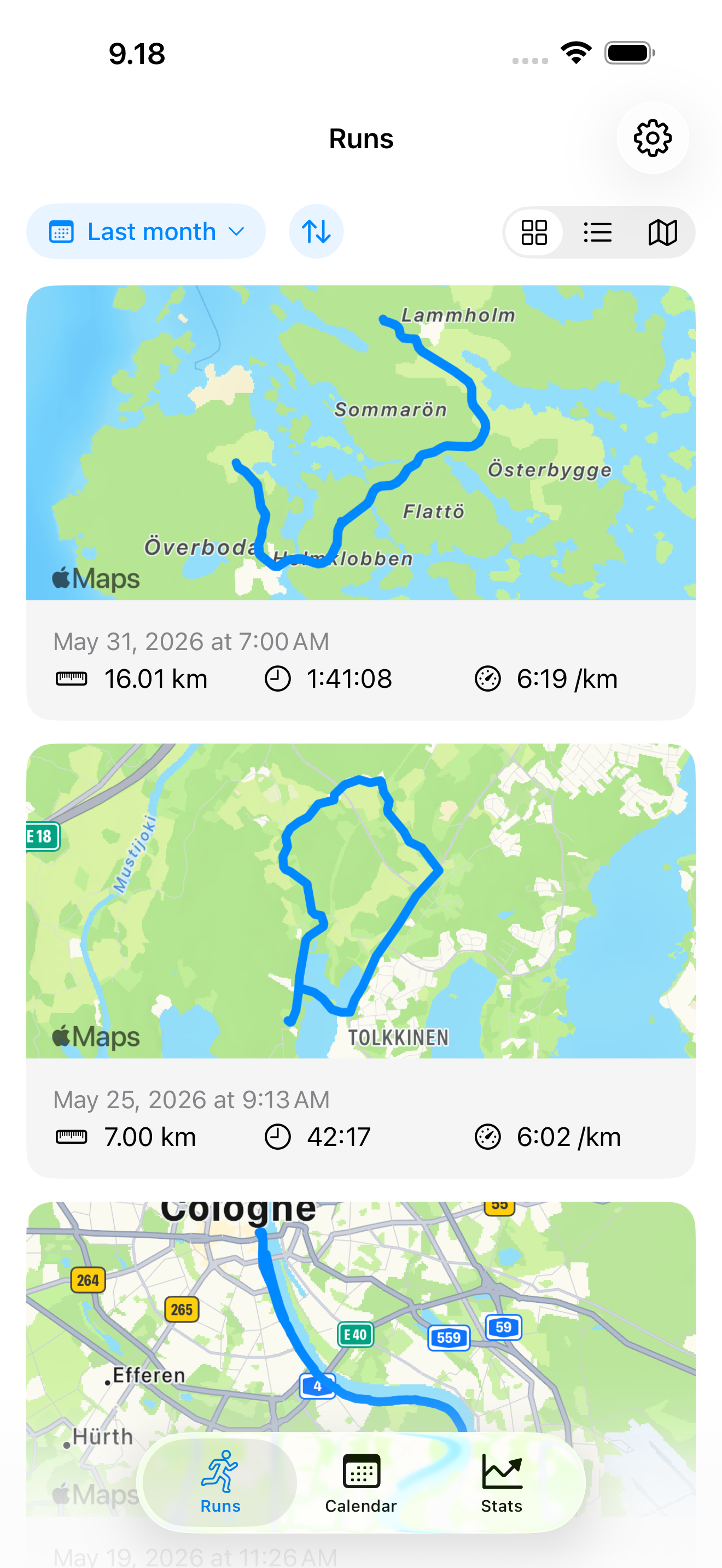 Your runs as cards, each with its route