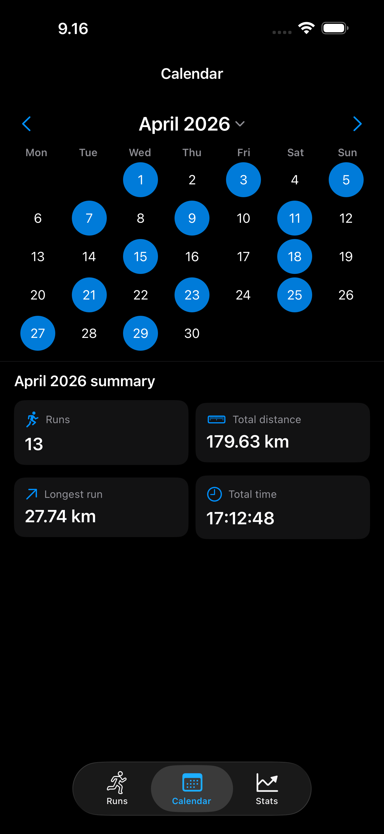 A calendar of a month of runs in dark mode