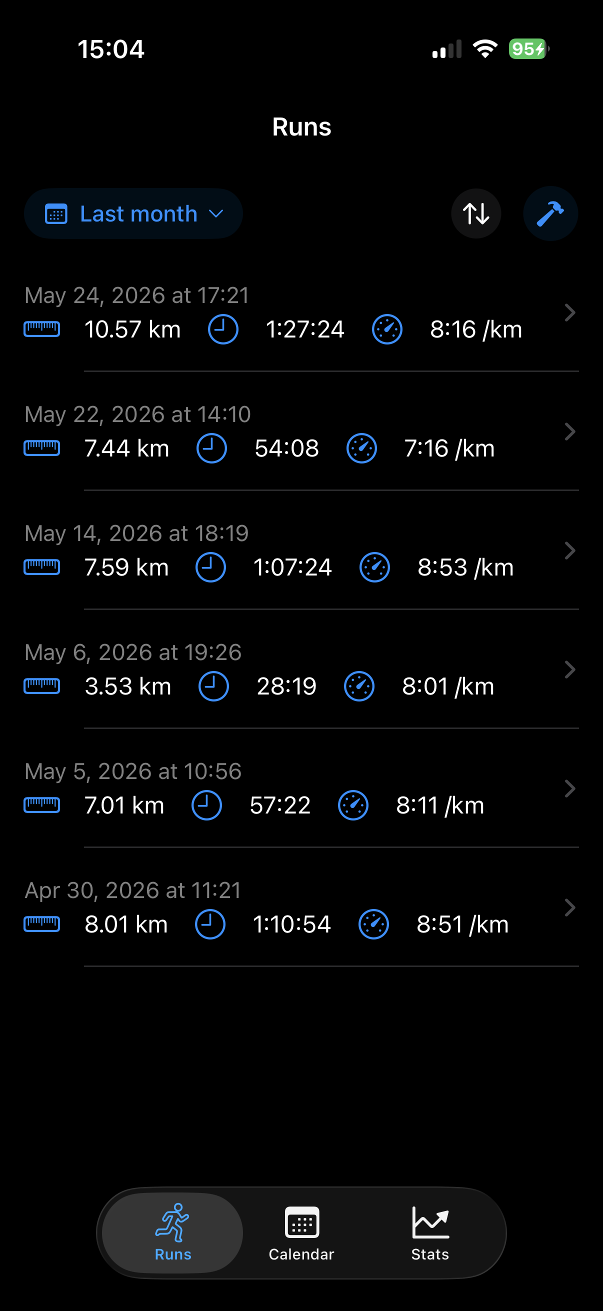 The run list in dark mode